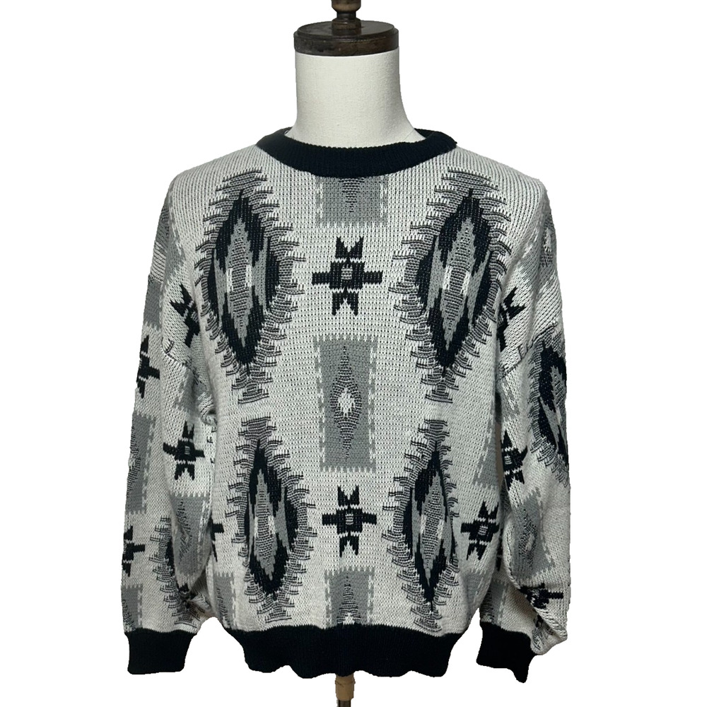 Vintage Saturdays Sweater‎ Mens Large Black Gray Aztec Tribal Pullover